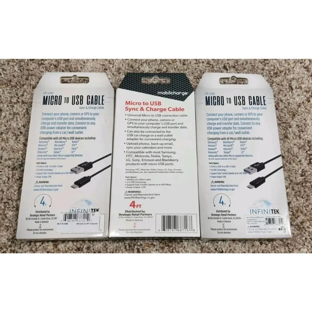 Lot Of 3 Charge Cable - 4FT - Micro to USB - Sync & Charge Cable